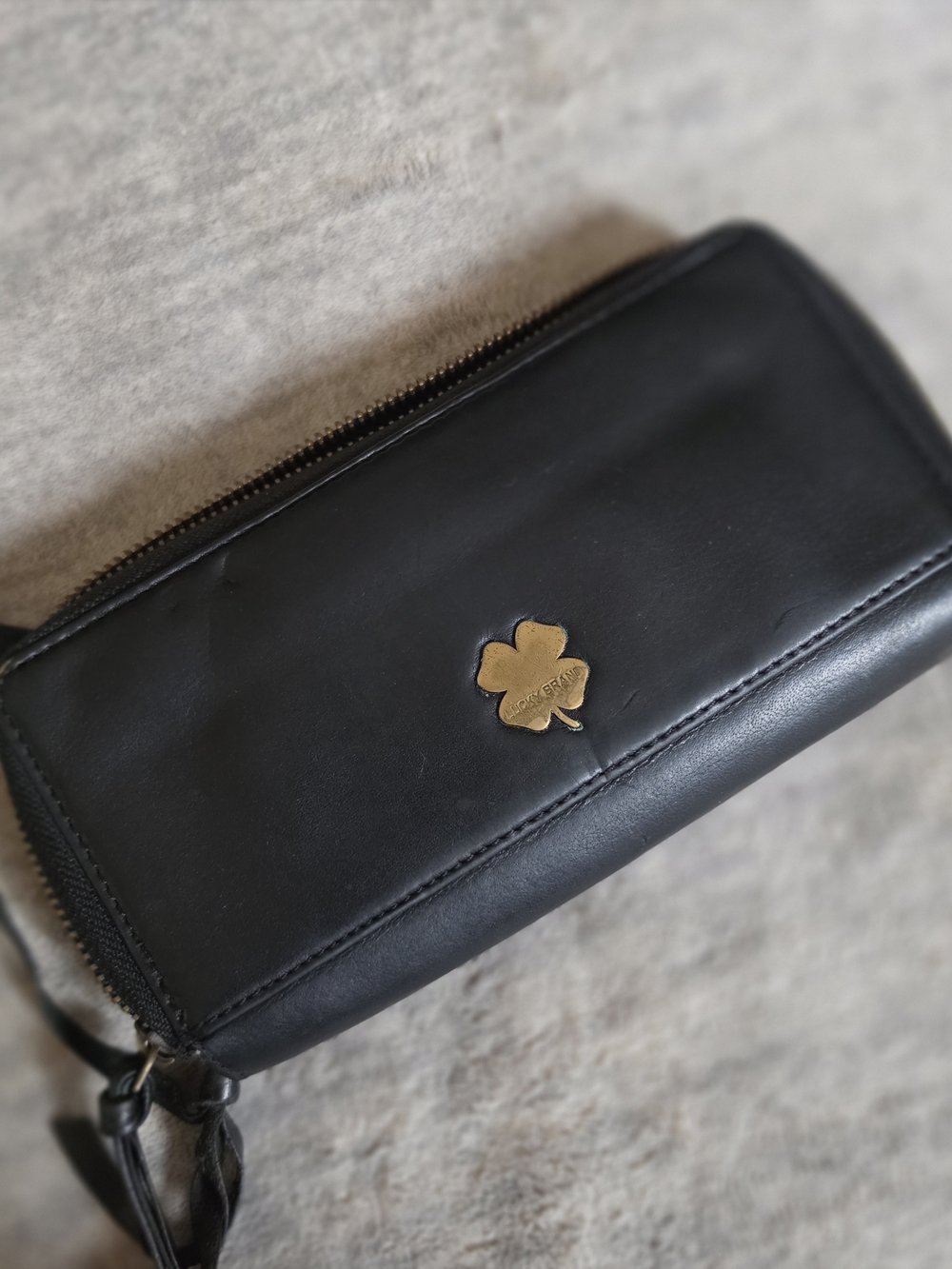 Lucky Brand Black Leather Wallet with Gold Clover Logo